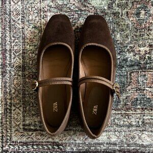 Brown Zara Velvet Mary Jane Ballet Flats
